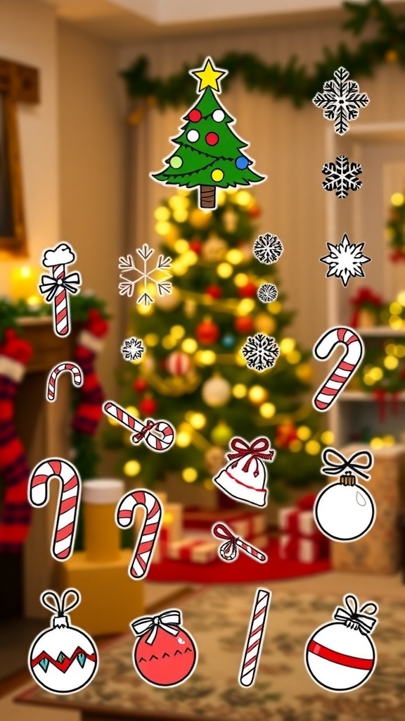 A variety of easy Christmas doodles including trees, snowflakes, and ornaments in a colorful and festive style.